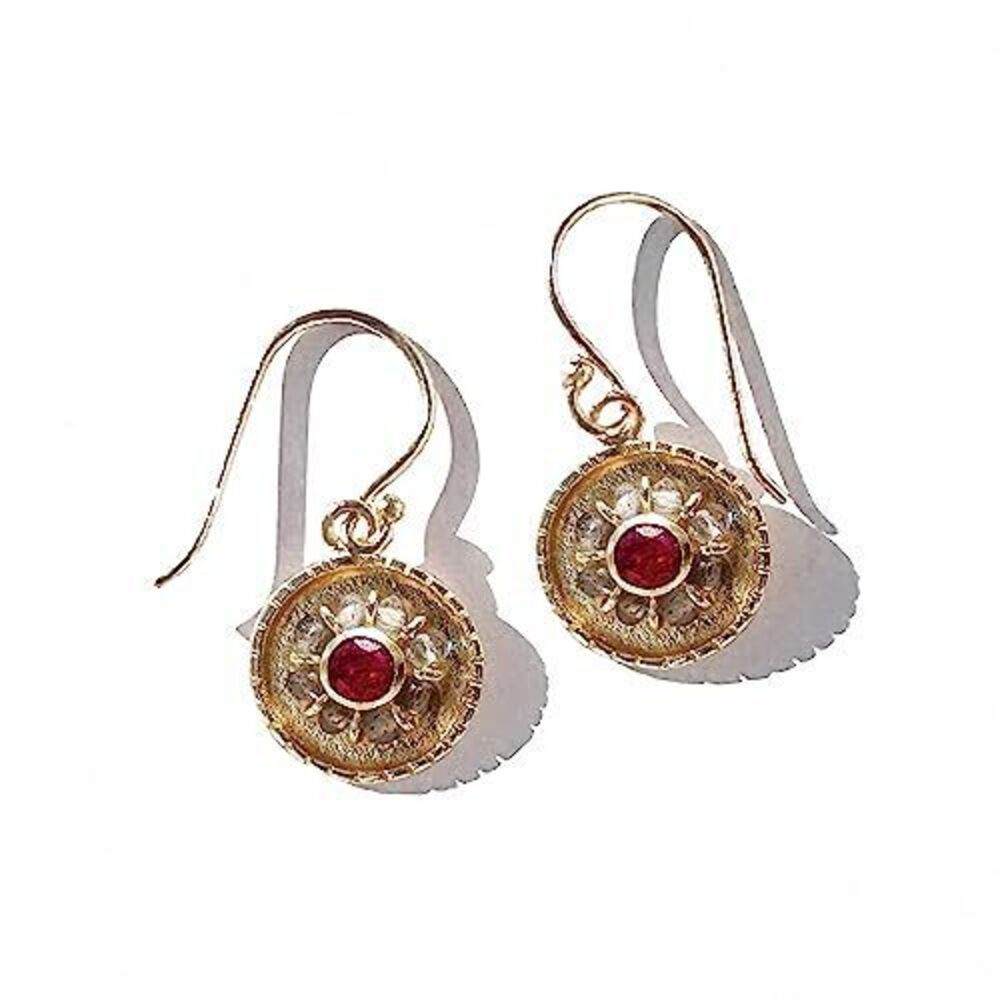 1972 Genuine Ruby Dangle Drop Earrings, Handmade Gifts , Brass 18K Yellow